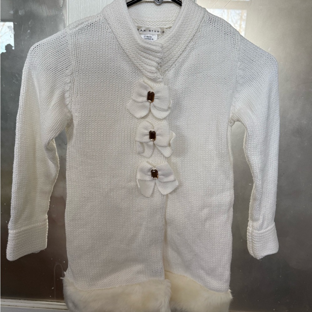 Max Studio Girls Cream Cardigan with Flower Button Details